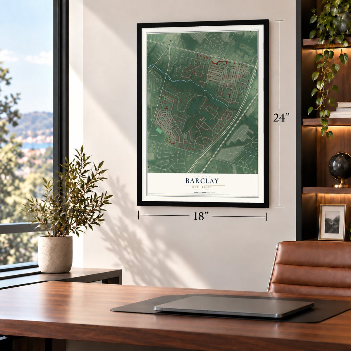 Barclay, New Jersey map, 18 x 24 inch print in a black frame in a home office