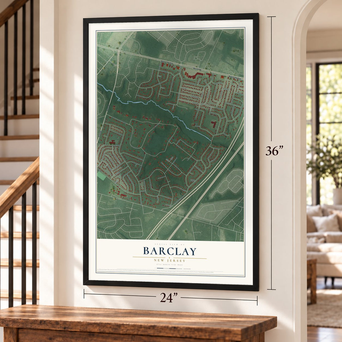 Barclay, New Jersey map, 24 x 36 inch print in a black frame by a staircase