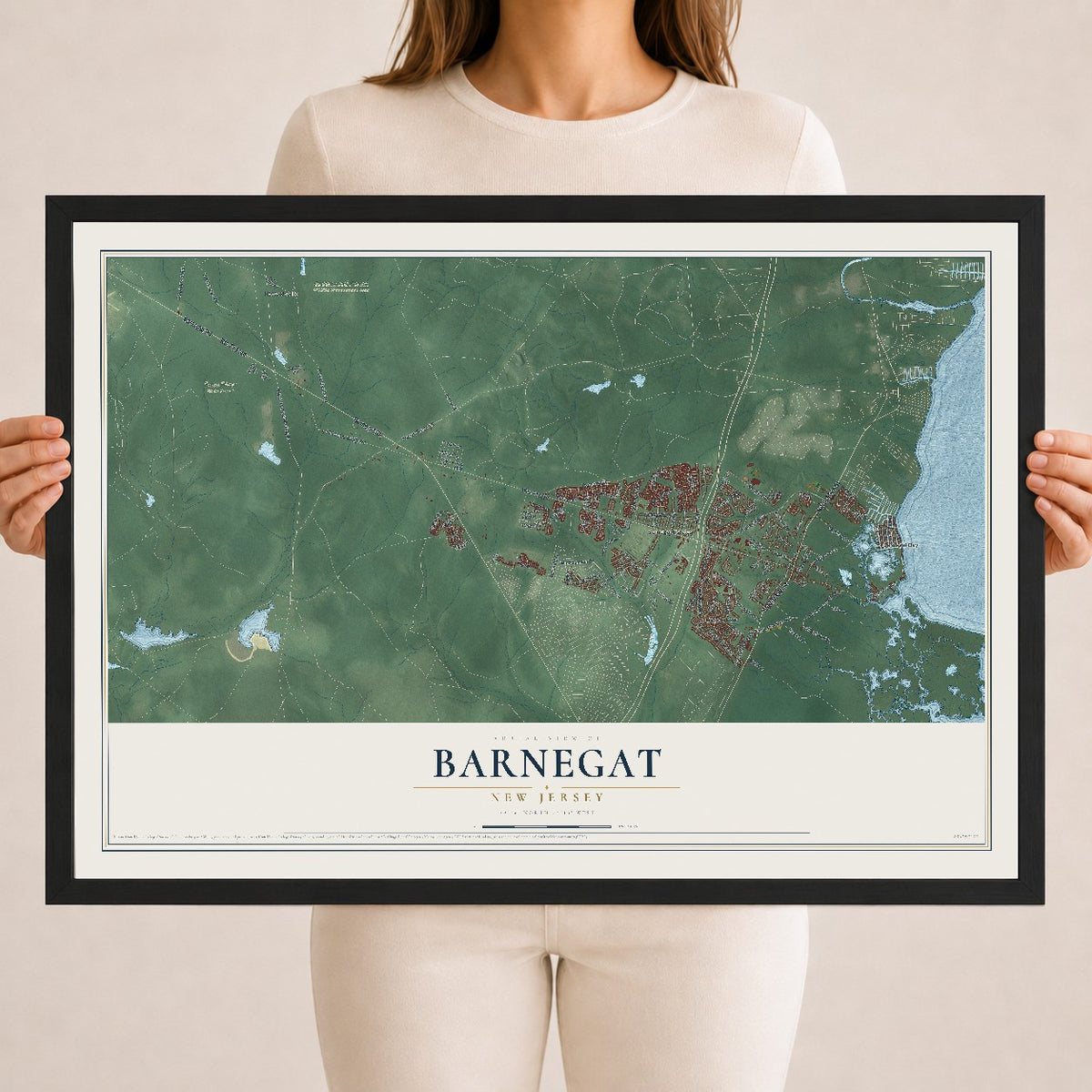 Barnegat, New Jersey map print, 18" x 24" W/ Black Ayous Wood Frame mockup