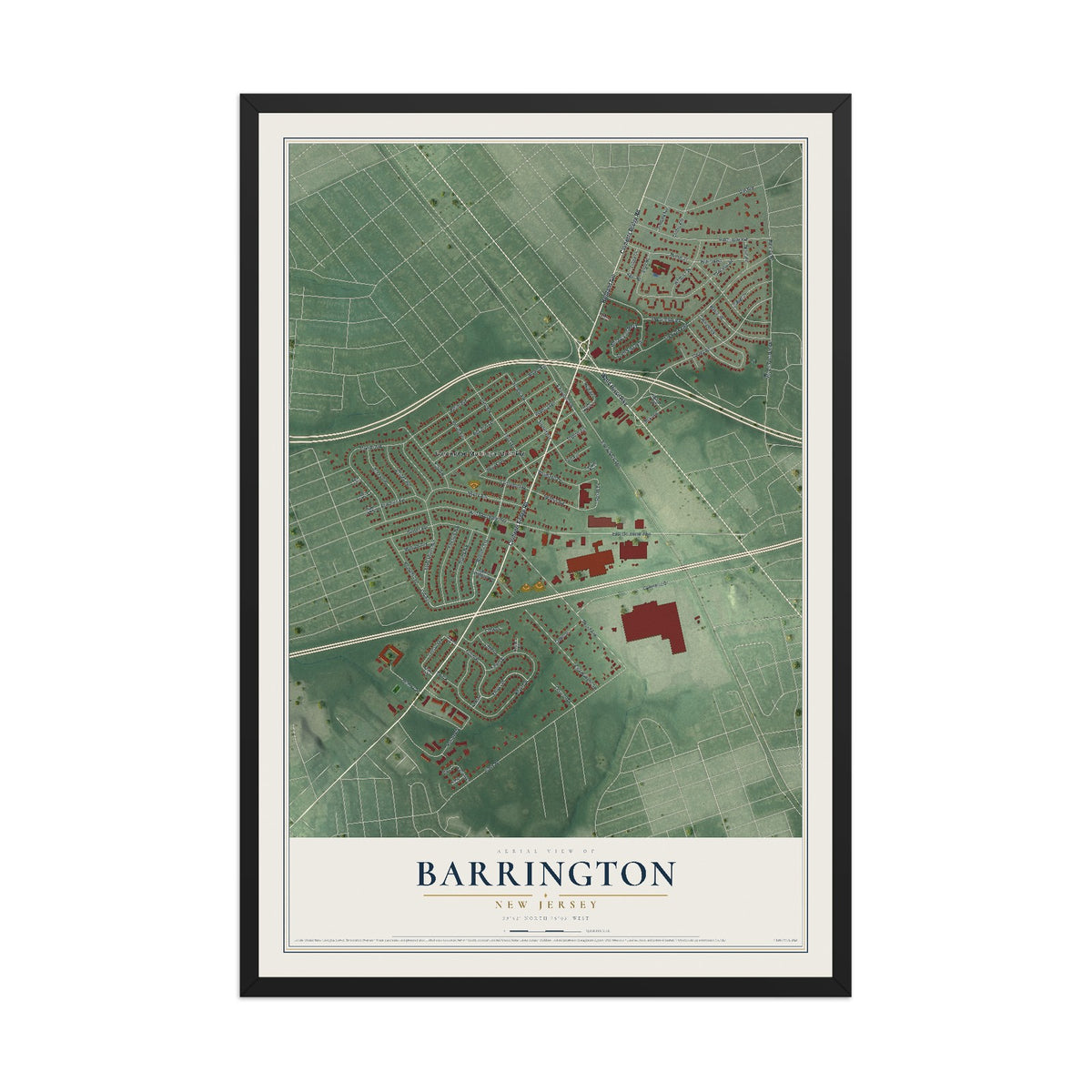 Barrington, New Jersey map print, 12" x 18" W/ Black Ayous Wood Frame mockup
