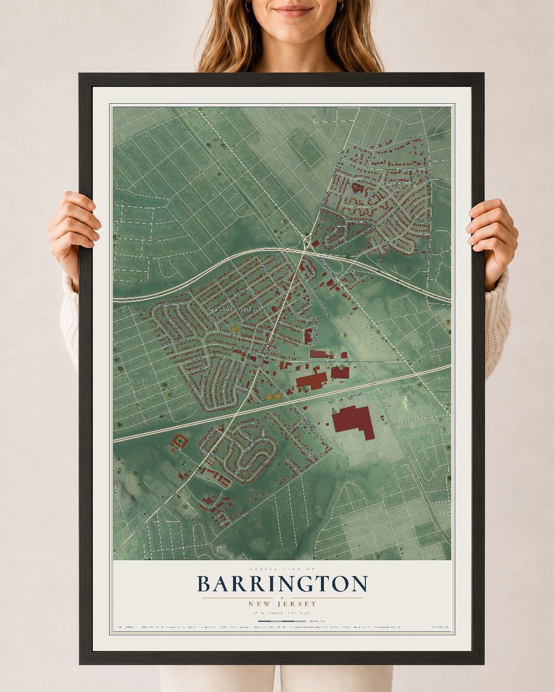 Barrington, New Jersey map print, 24" x 36" W/ Black Ayous Wood Frame mockup