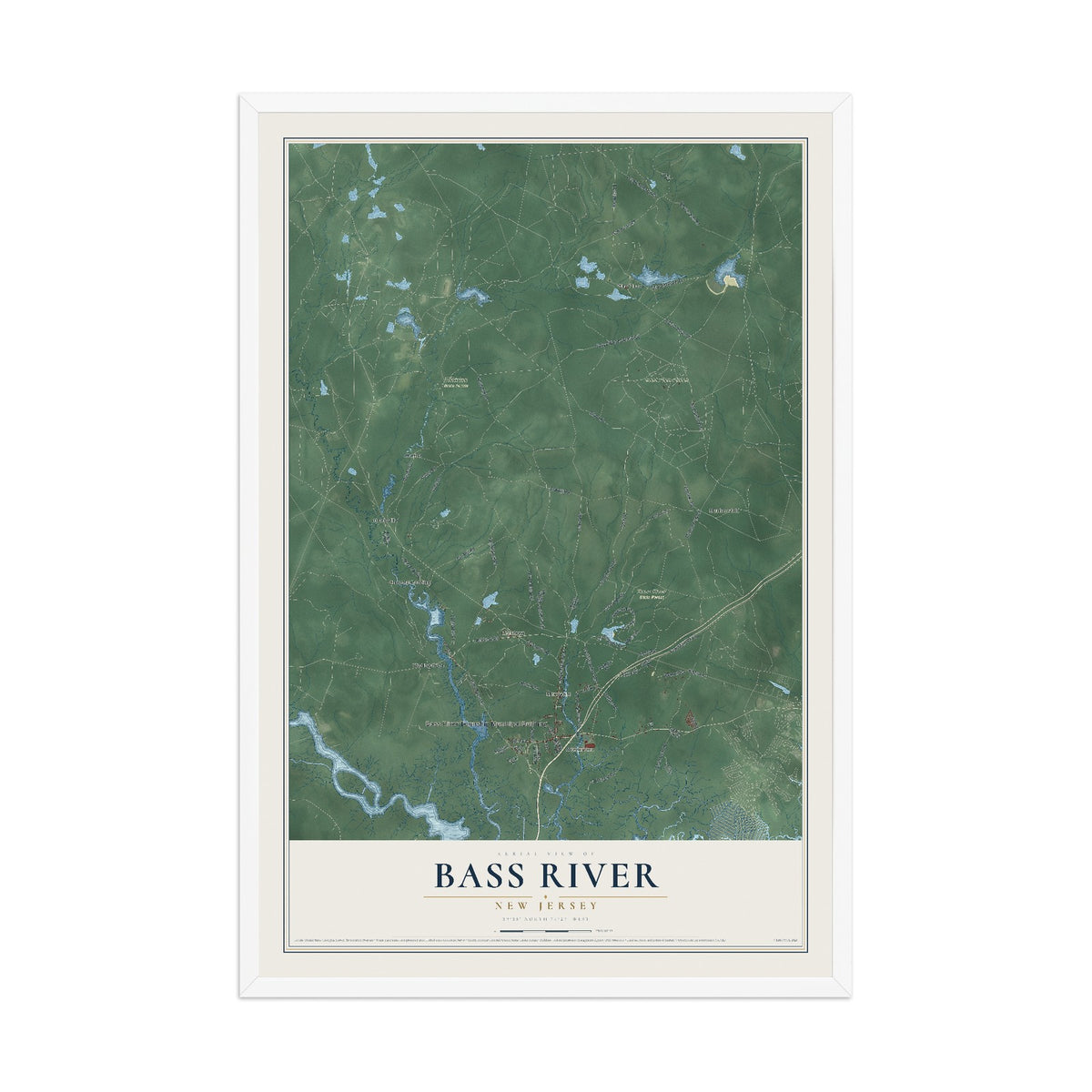 Bass River, New Jersey map print, 12" x 18" W/ White Ayous Wood Frame mockup