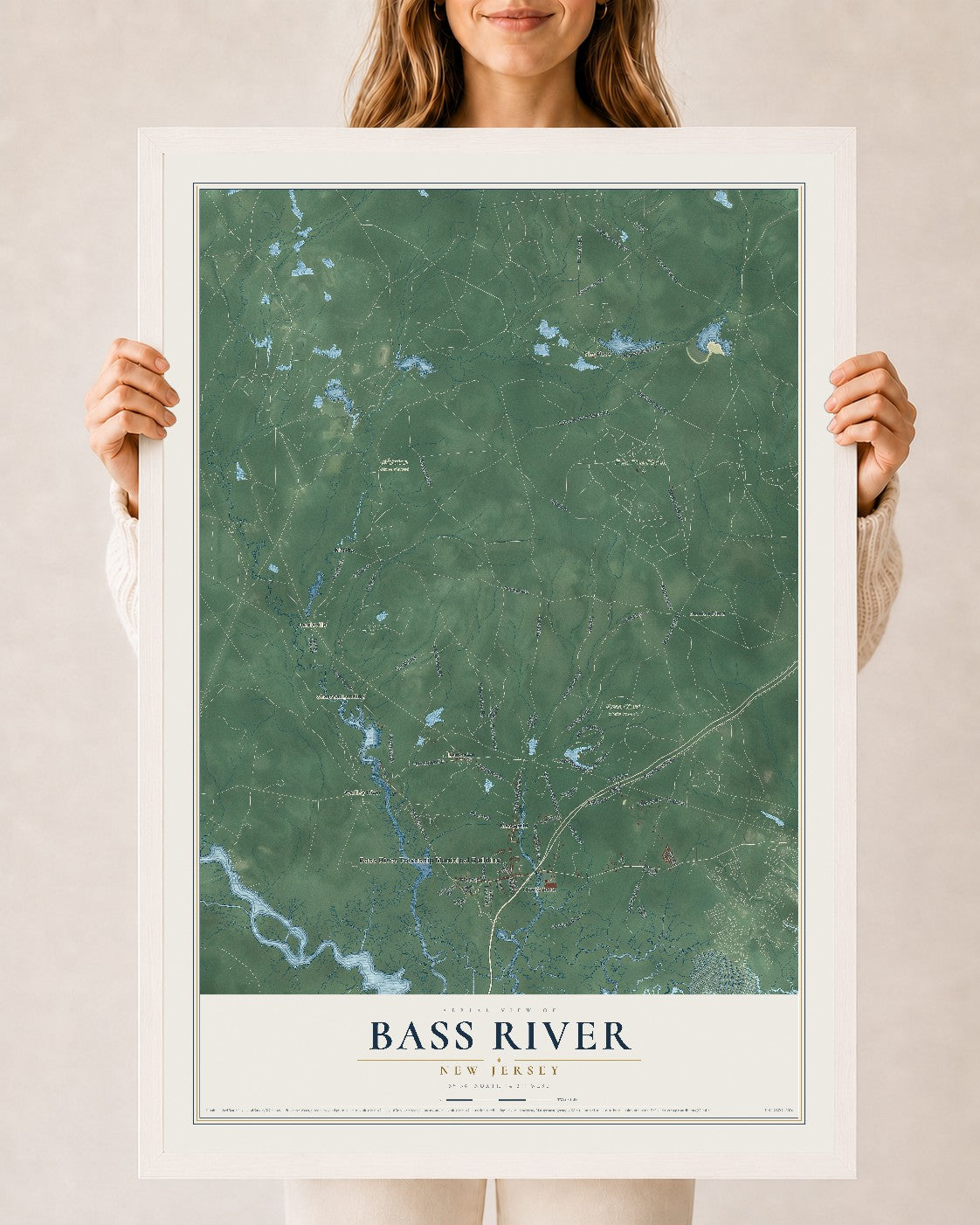 Bass River, New Jersey map print, 24" x 36" W/ White Ayous Wood Frame mockup