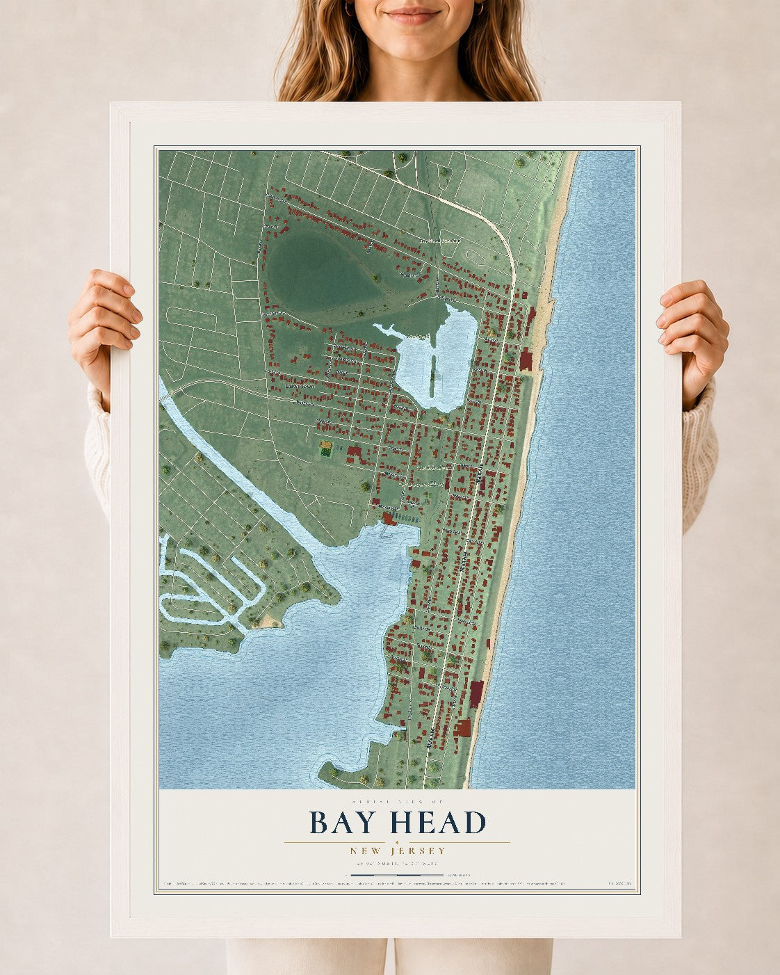 Bay Head, New Jersey map print, 24" x 36" W/ White Ayous Wood Frame mockup