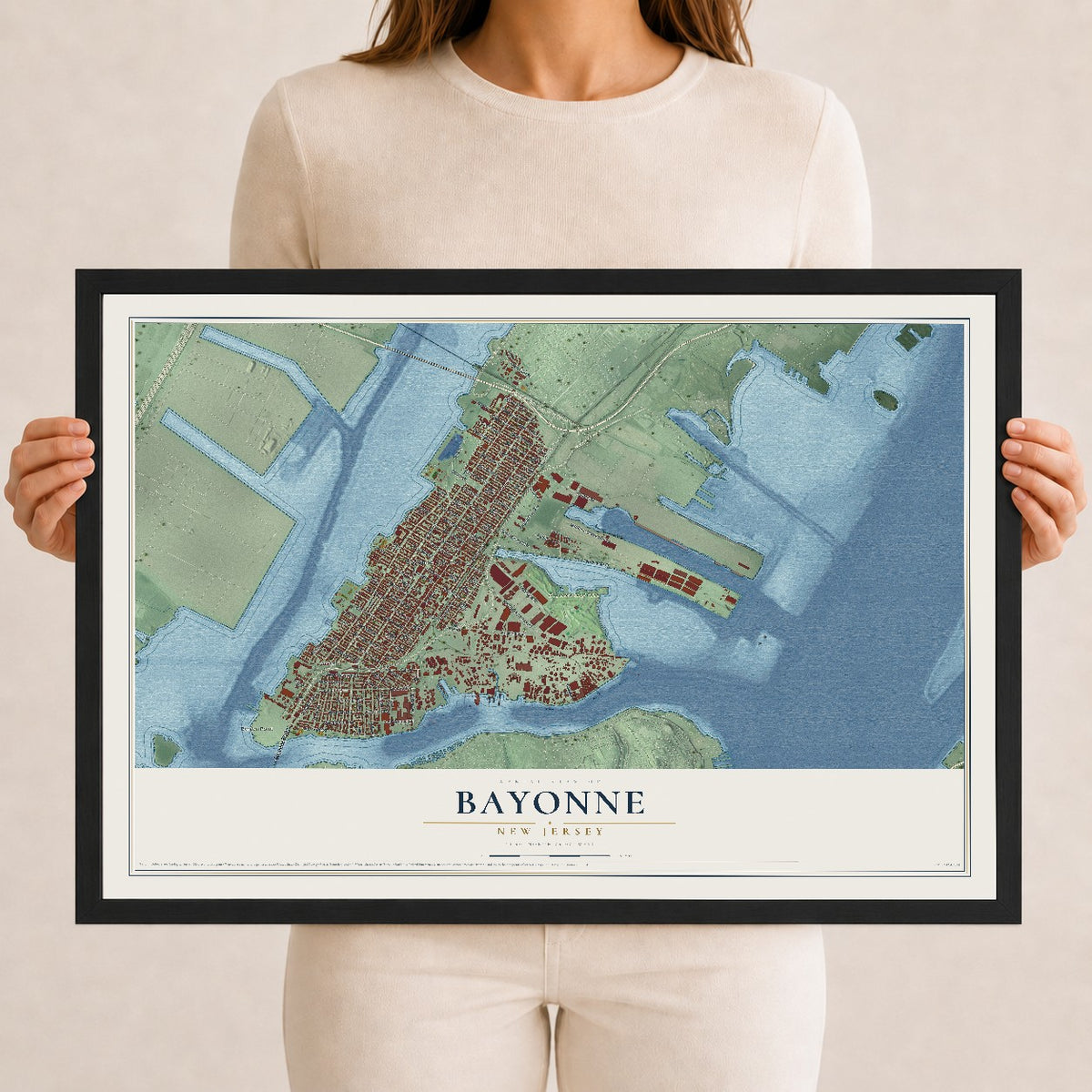 Bayonne, New Jersey map print, 12" x 18" W/ Black Ayous Wood Frame mockup