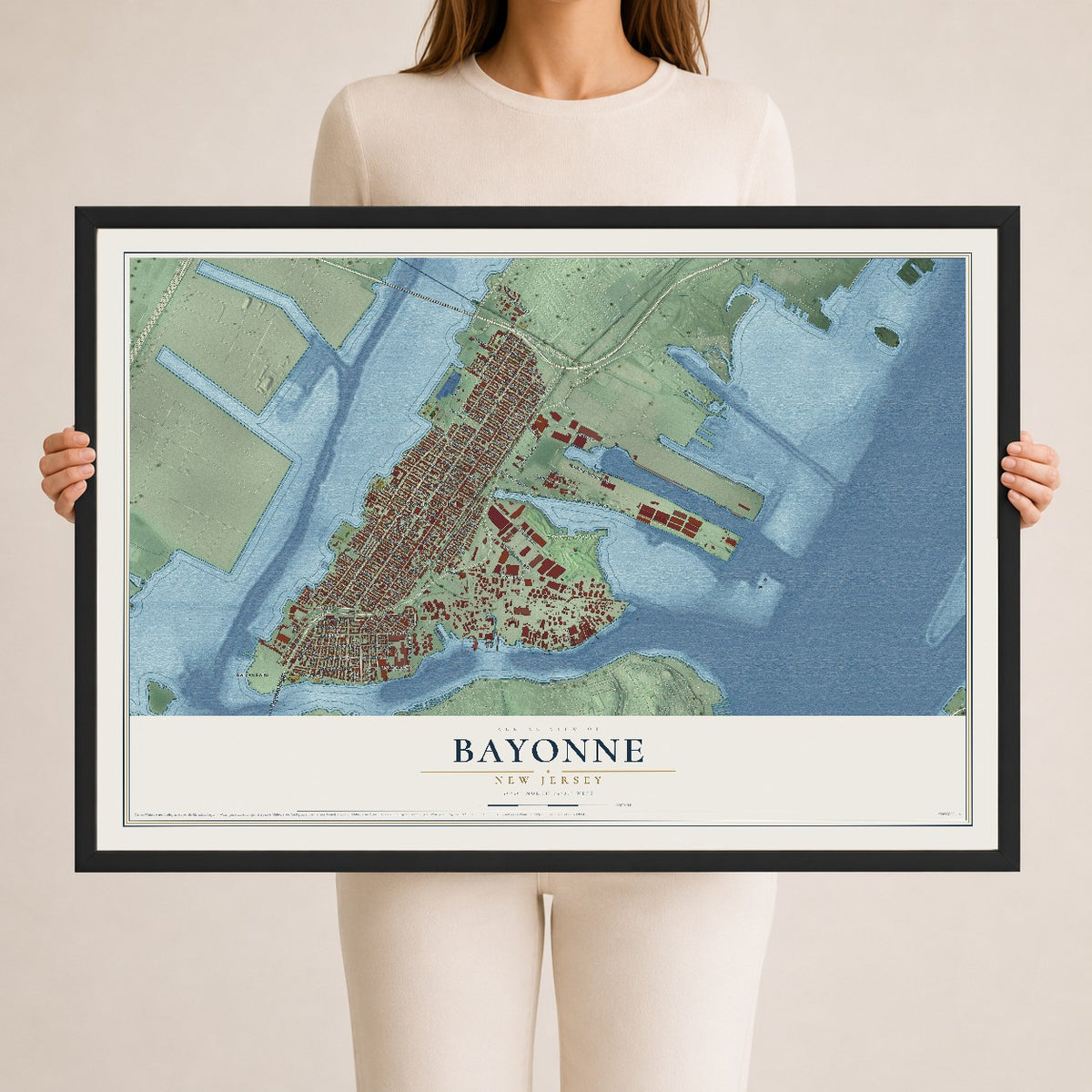 Bayonne, New Jersey map print, 24" x 36" W/ Black Ayous Wood Frame mockup