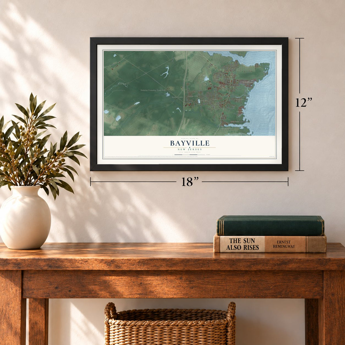 Bayville, New Jersey map, 12 x 18 inch print in a black frame in an entryway