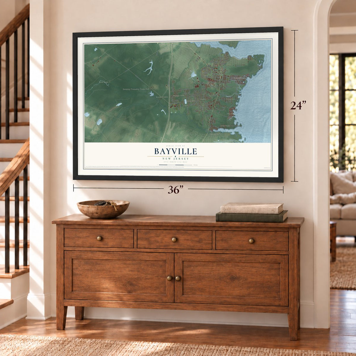Bayville, New Jersey map, 24 x 36 inch print in a black frame above a dresser by a staircase