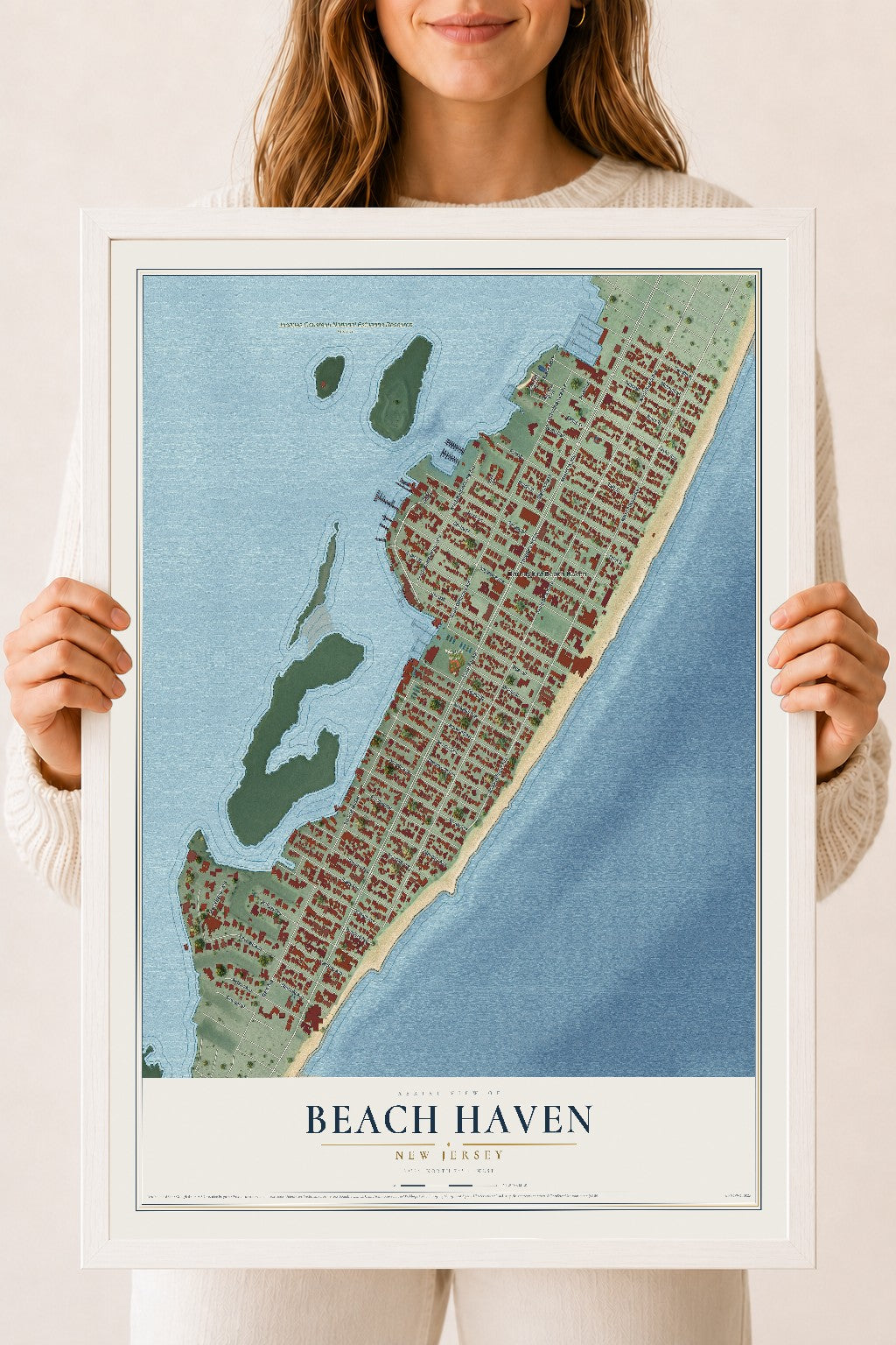 Beach Haven, New Jersey map print, 18" x 24" W/ White Ayous Wood Frame mockup