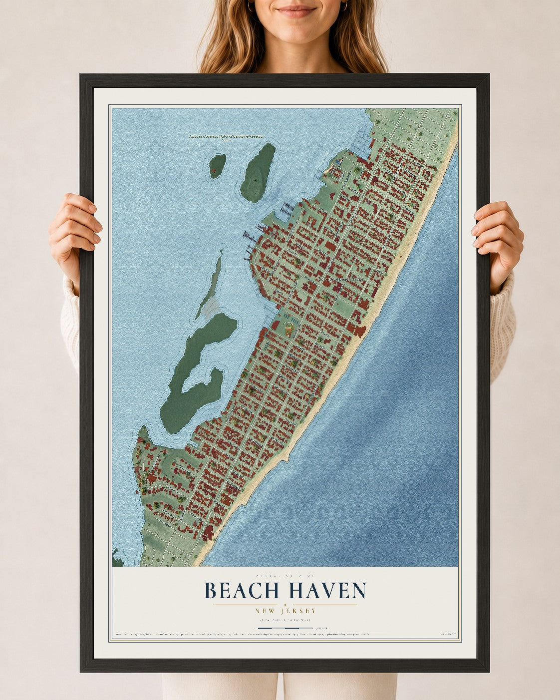 Beach Haven, New Jersey map print, 24" x 36" W/ Black Ayous Wood Frame mockup