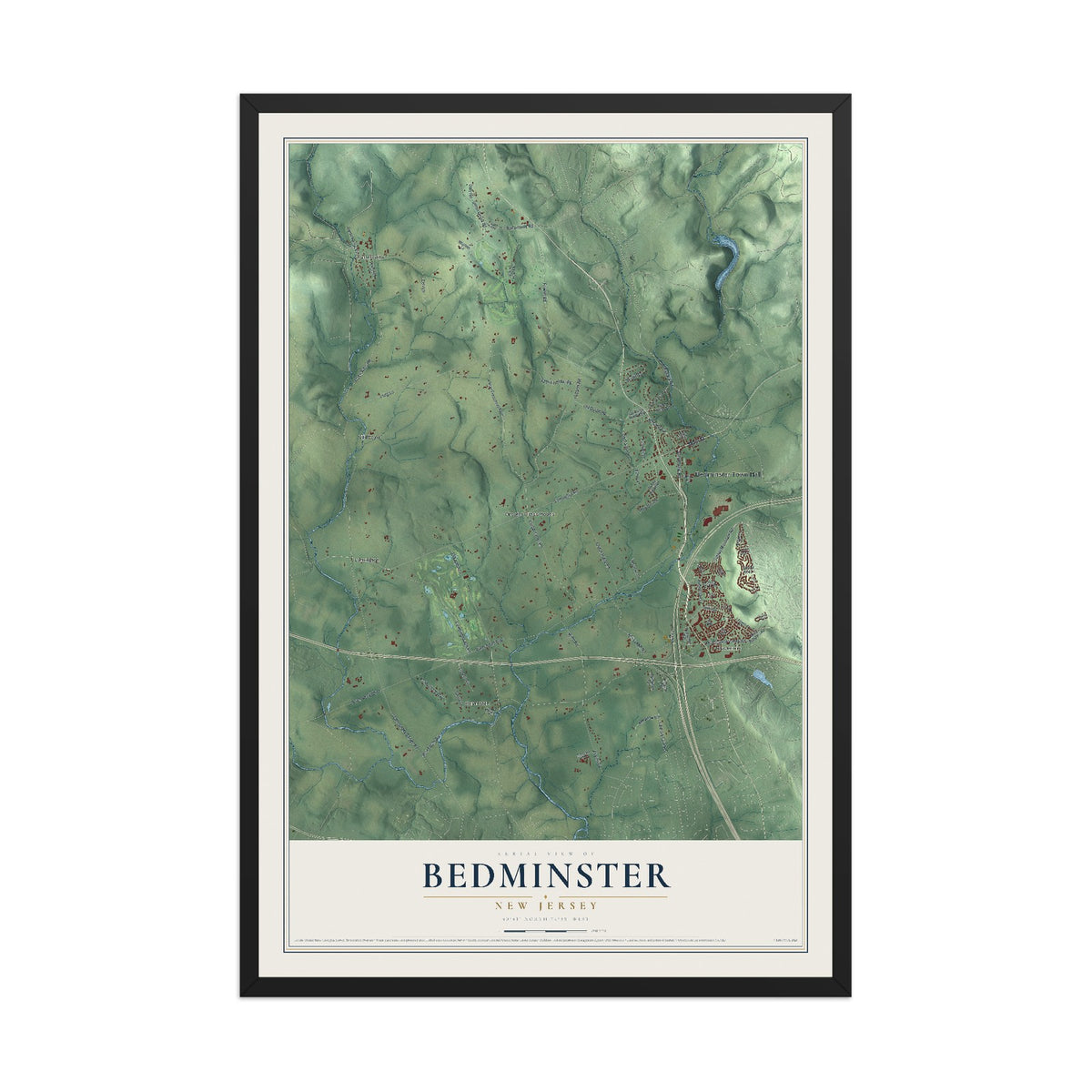 Bedminster, New Jersey map print, 12" x 18" W/ Black Ayous Wood Frame mockup