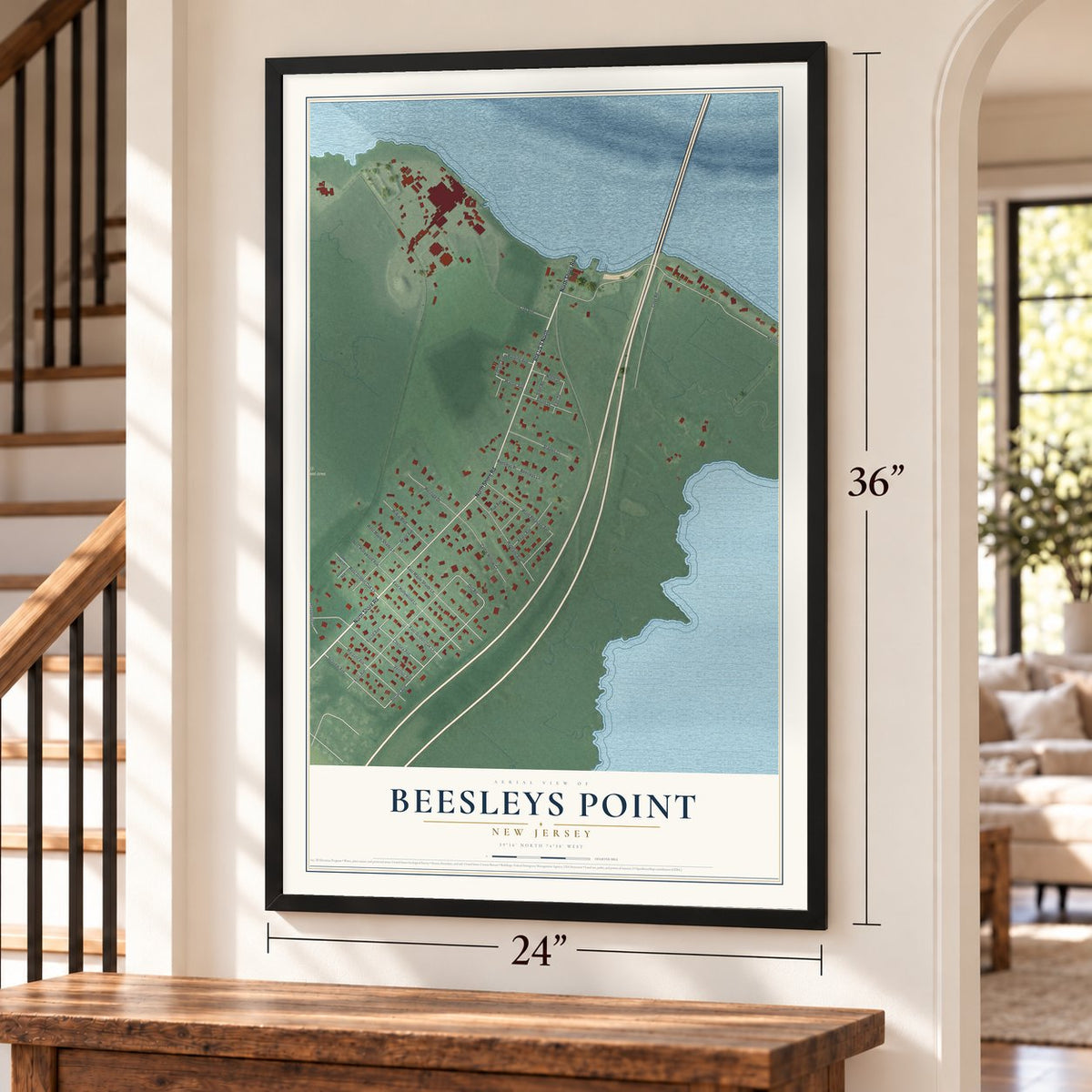 Beesleys Point, New Jersey map, 24 x 36 inch print in a black frame by a staircase