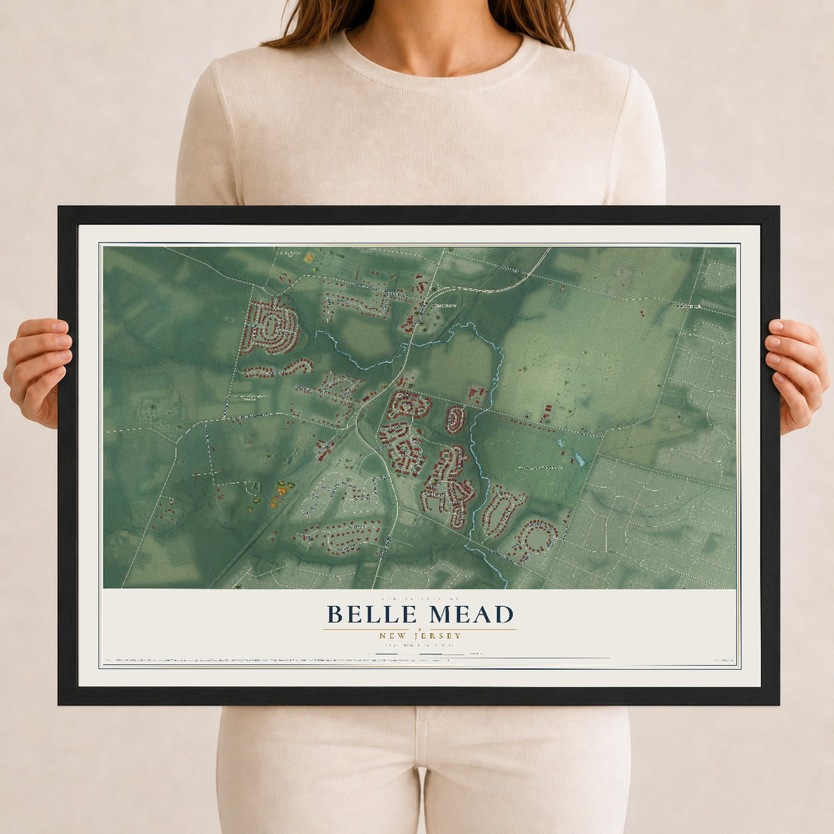 Belle Mead, New Jersey map print, 12" x 18" W/ Black Ayous Wood Frame mockup