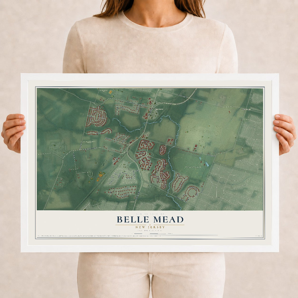 Belle Mead, New Jersey map print, 12" x 18" W/ White Ayous Wood Frame mockup