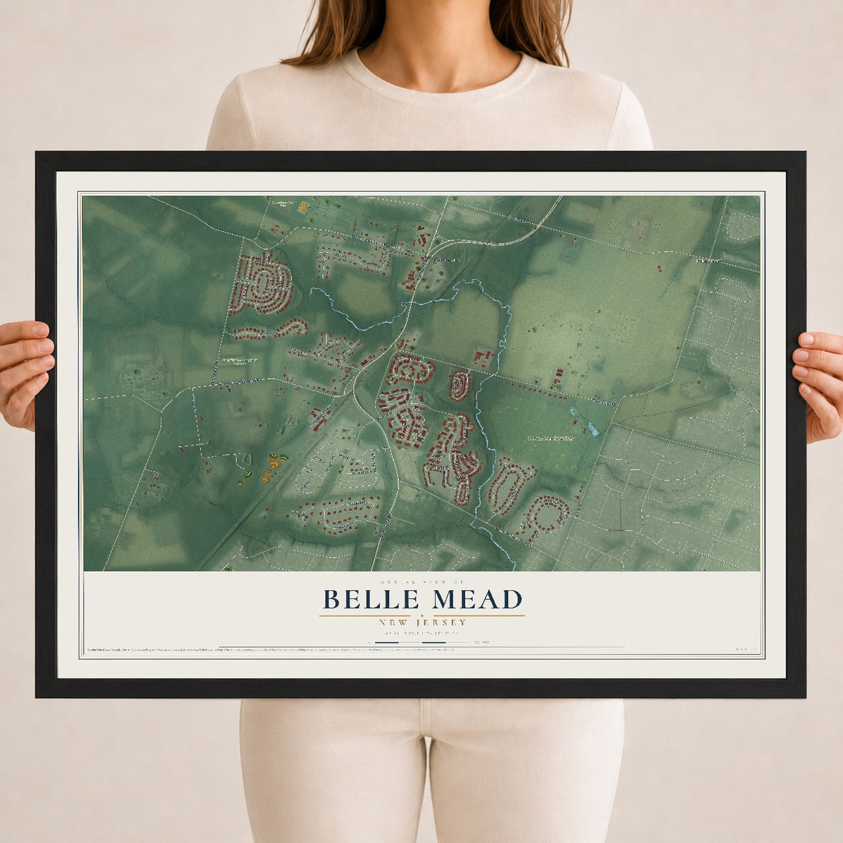 Belle Mead, New Jersey map print, 18" x 24" W/ Black Ayous Wood Frame mockup