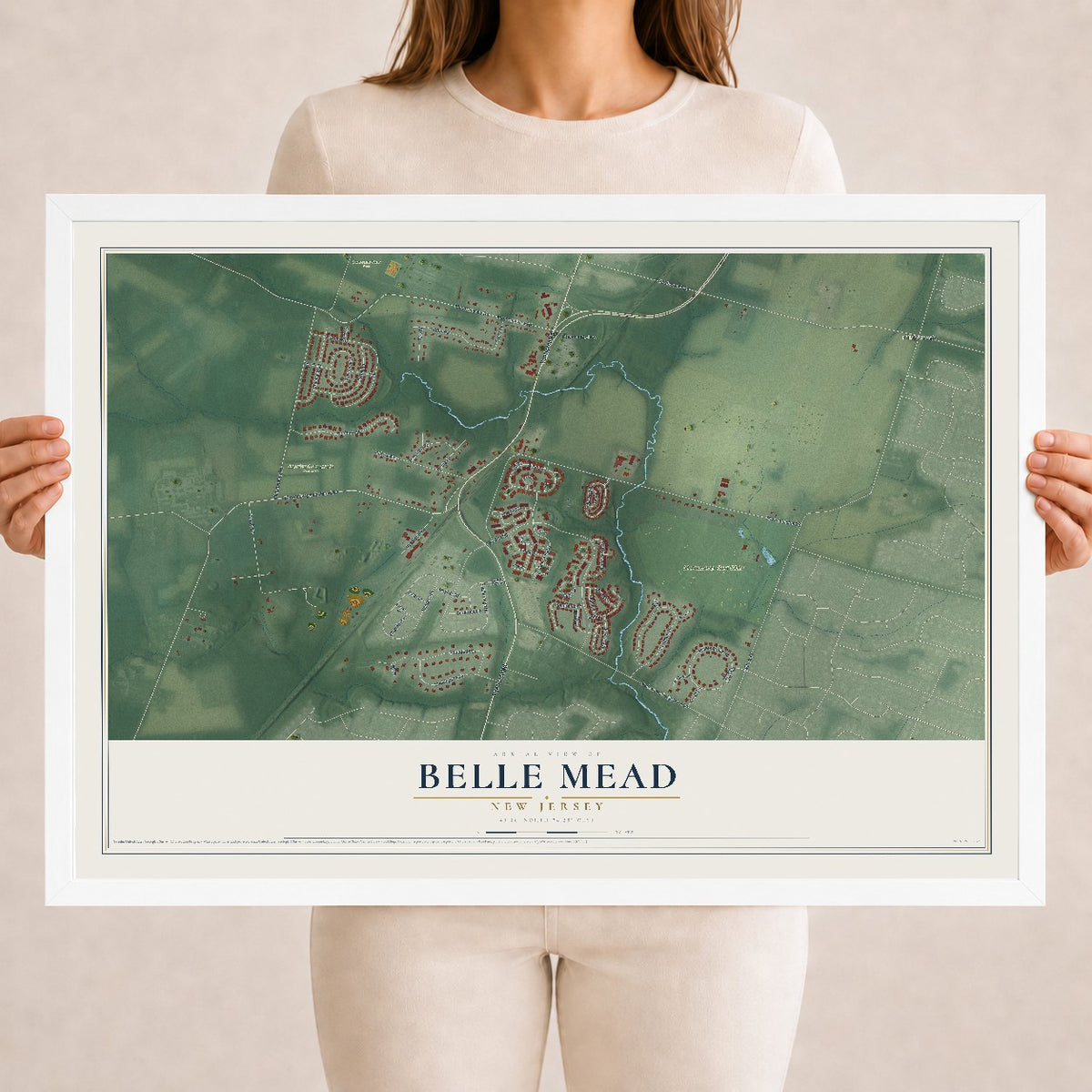 Belle Mead, New Jersey map print, 18" x 24" W/ White Ayous Wood Frame mockup