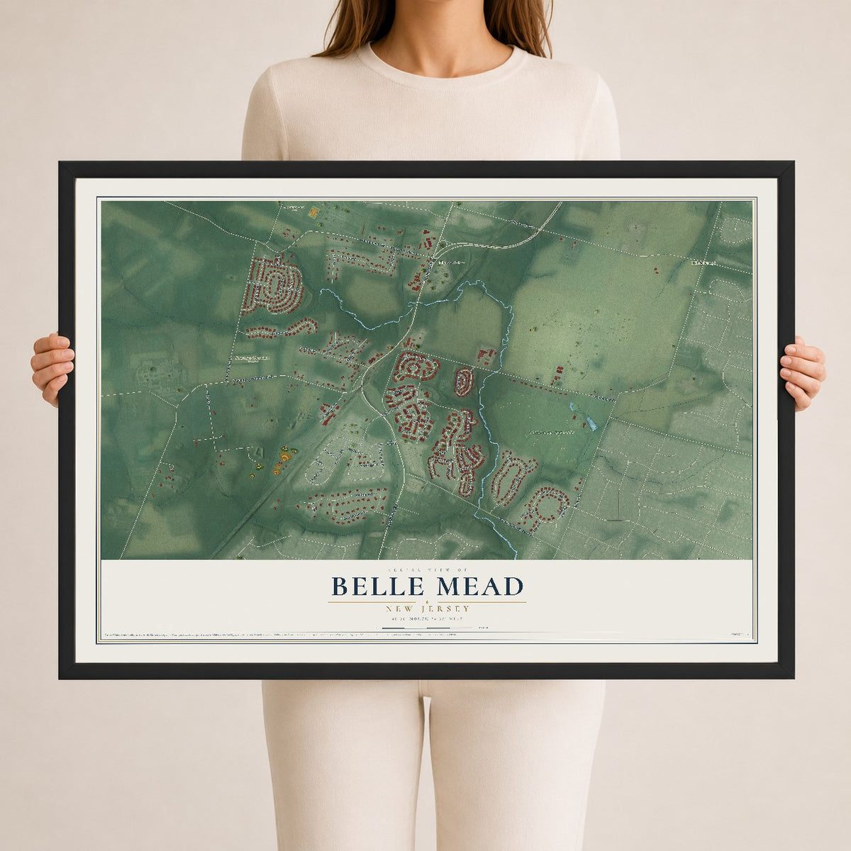 Belle Mead, New Jersey map print, 24" x 36" W/ Black Ayous Wood Frame mockup