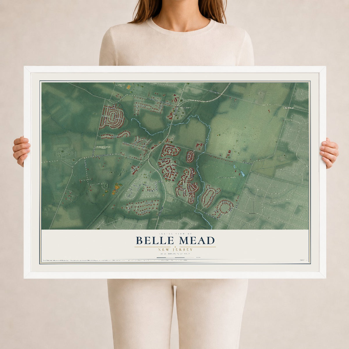 Belle Mead, New Jersey map print, 24" x 36" W/ White Ayous Wood Frame mockup