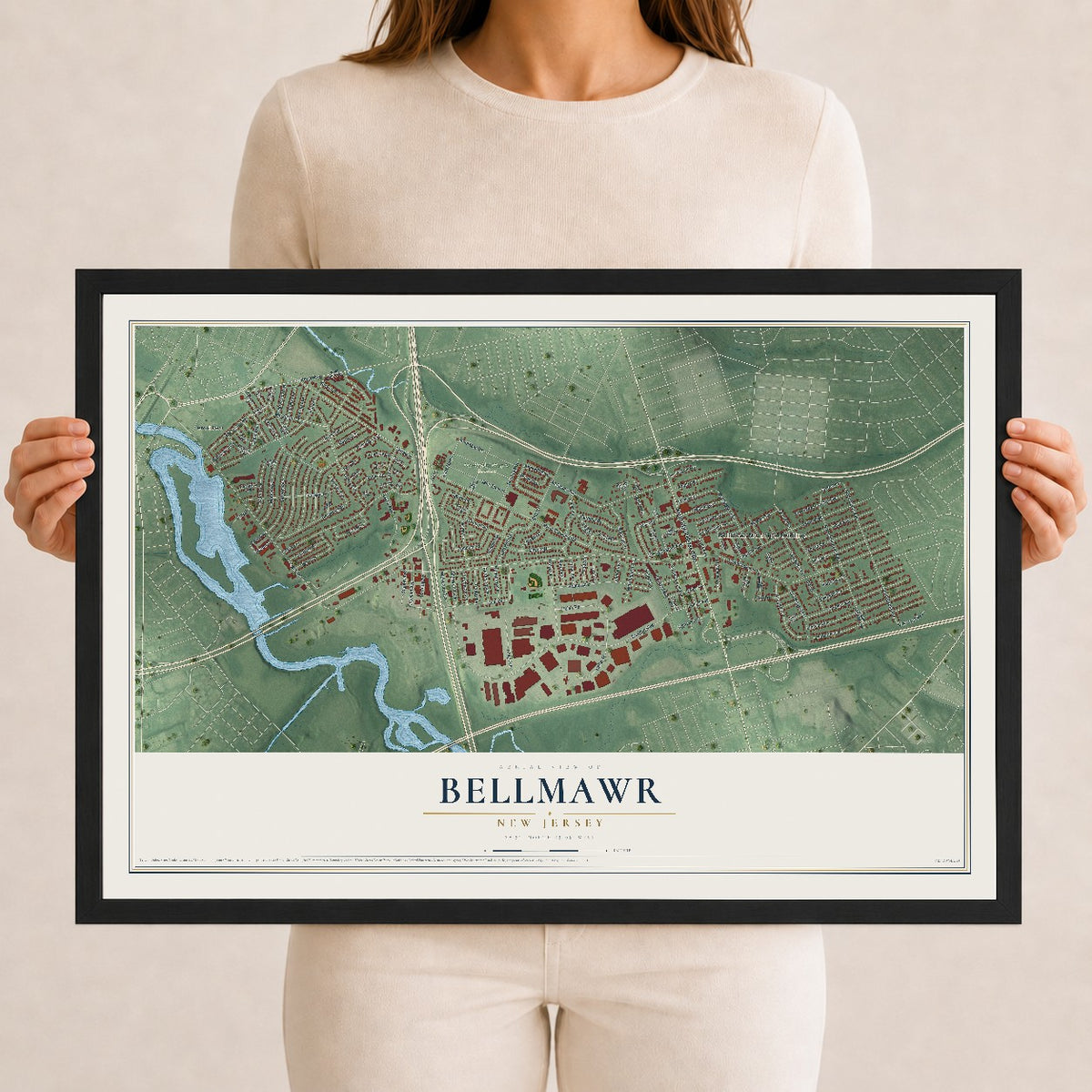 Bellmawr, New Jersey map print, 12" x 18" W/ Black Ayous Wood Frame mockup
