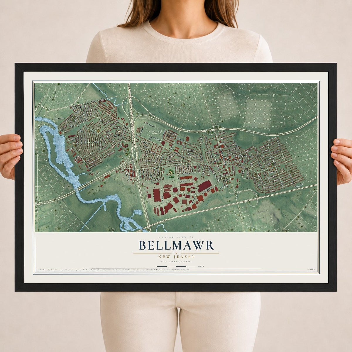 Bellmawr, New Jersey map print, 18" x 24" W/ Black Ayous Wood Frame mockup