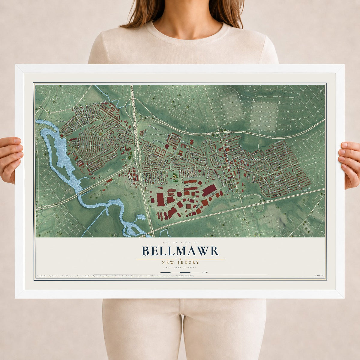 Bellmawr, New Jersey map print, 18" x 24" W/ White Ayous Wood Frame mockup