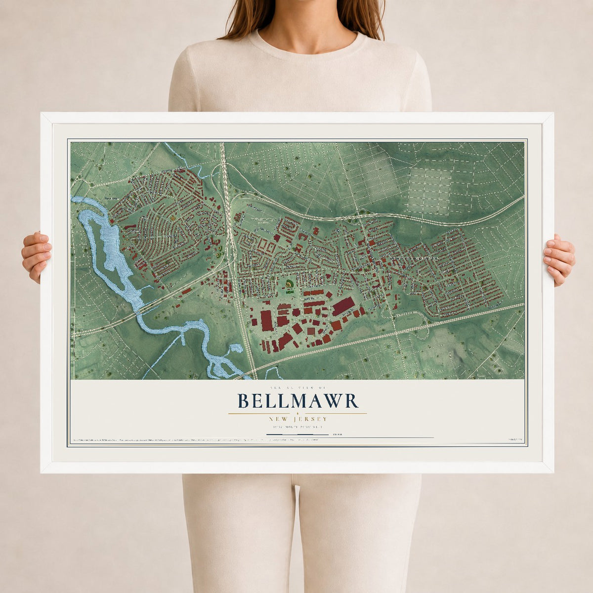 Bellmawr, New Jersey map print, 24" x 36" W/ White Ayous Wood Frame mockup
