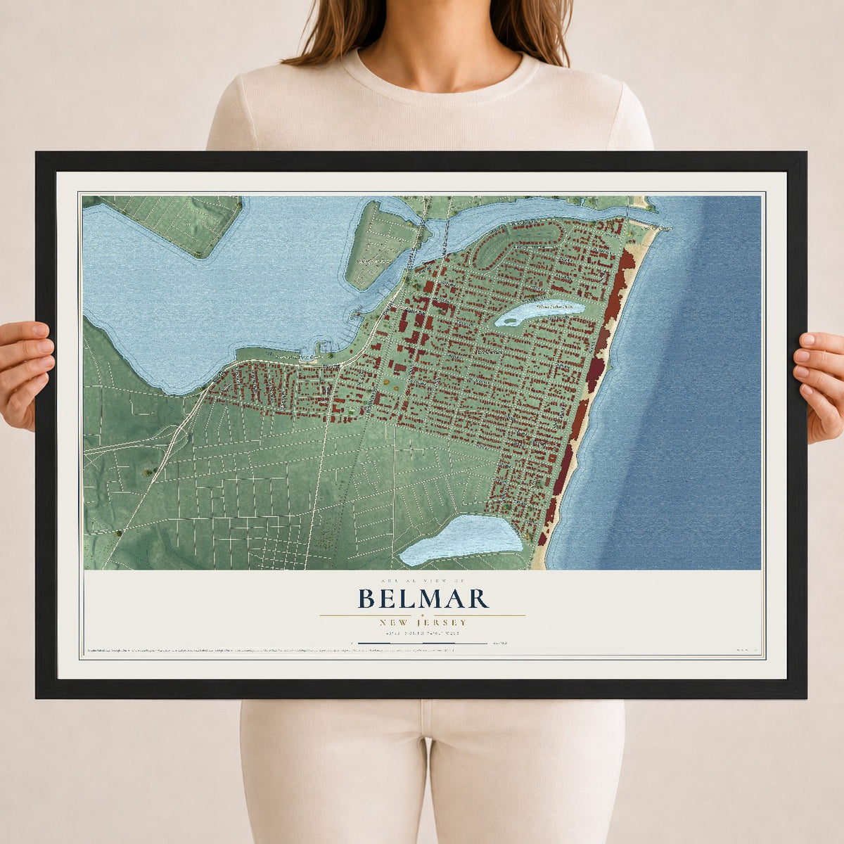 Belmar, New Jersey map print, 18" x 24" W/ Black Ayous Wood Frame mockup