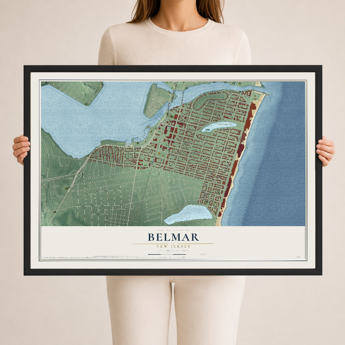 Belmar, New Jersey map print, 24" x 36" W/ Black Ayous Wood Frame mockup