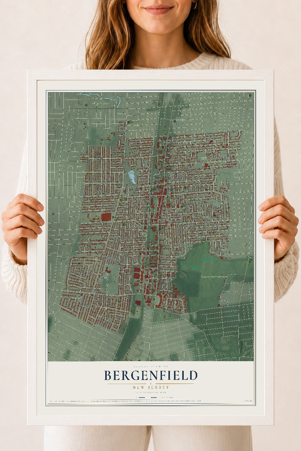 Bergenfield, New Jersey map print, 18" x 24" W/ White Ayous Wood Frame mockup