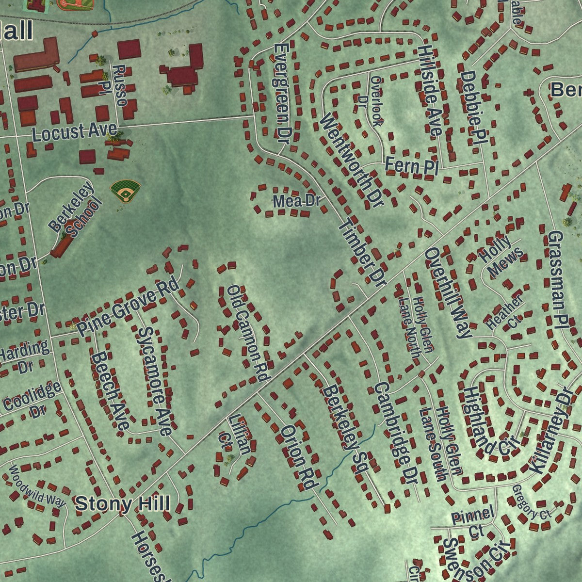 Close-up 1 of the Berkeley Heights, New Jersey map artwork