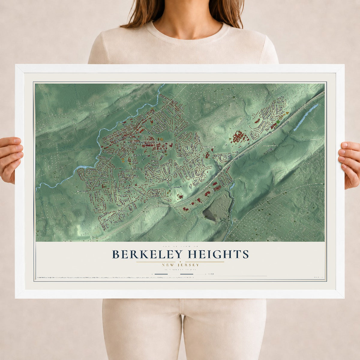 Berkeley Heights, New Jersey map print, 18" x 24" W/ White Ayous Wood Frame mockup