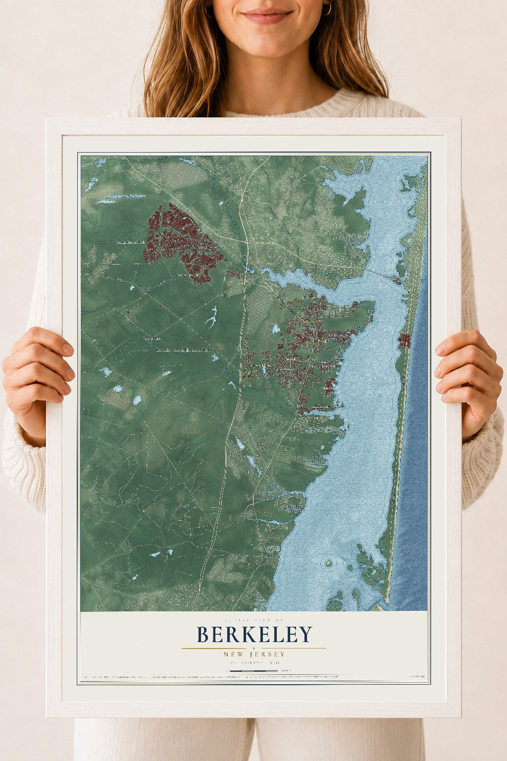 Berkeley, New Jersey map print, 18" x 24" W/ White Ayous Wood Frame mockup