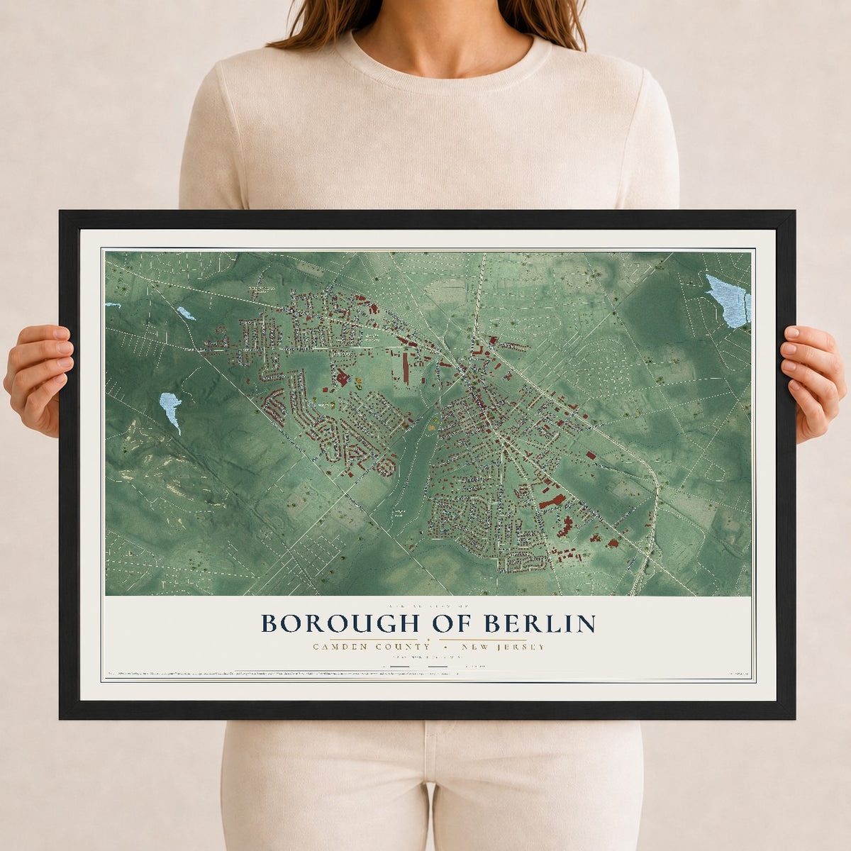 Borough of Berlin, New Jersey map print, 12" x 18" W/ Black Ayous Wood Frame mockup