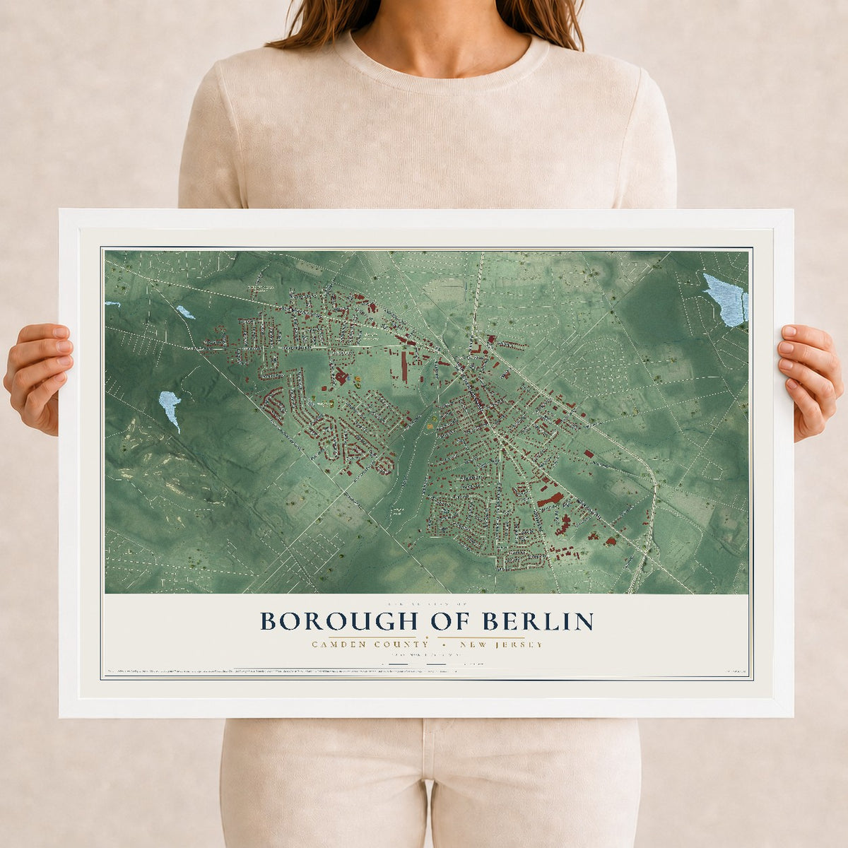 Borough of Berlin, New Jersey map print, 12" x 18" W/ White Ayous Wood Frame mockup