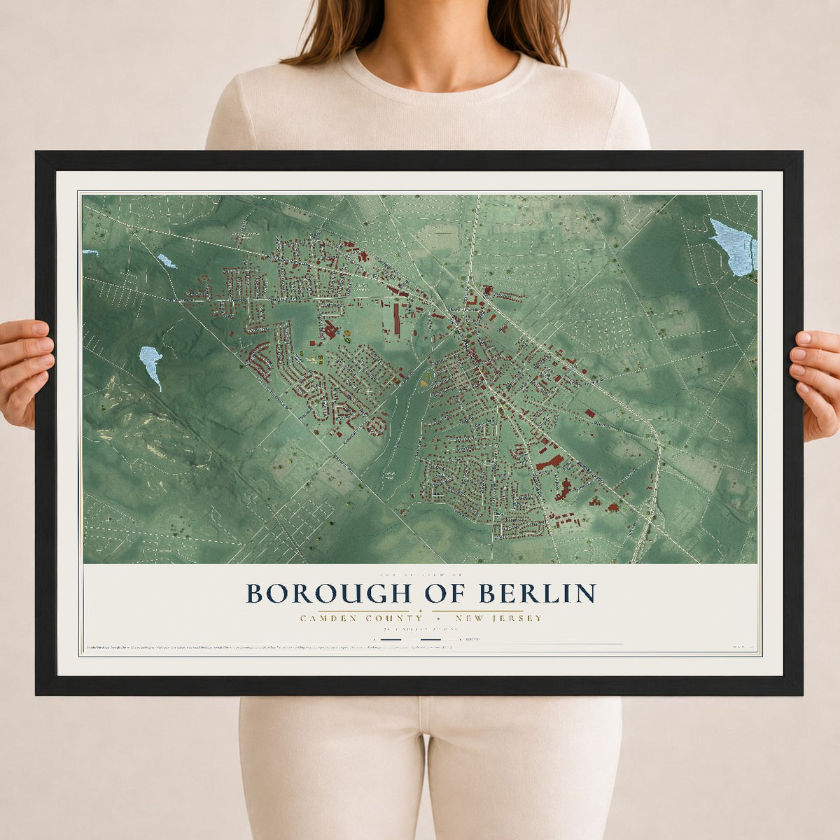 Borough of Berlin, New Jersey map print, 18" x 24" W/ Black Ayous Wood Frame mockup
