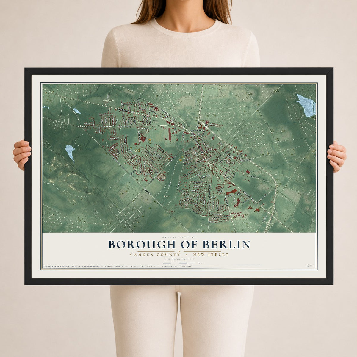 Borough of Berlin, New Jersey map print, 24" x 36" W/ Black Ayous Wood Frame mockup