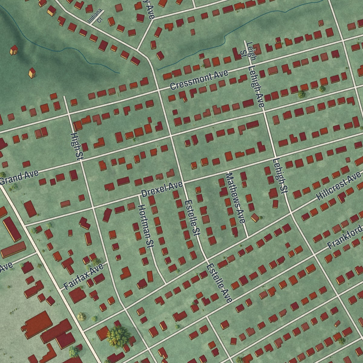 Close-up of the map of Blackwood, New Jersey print showing street and building detail
