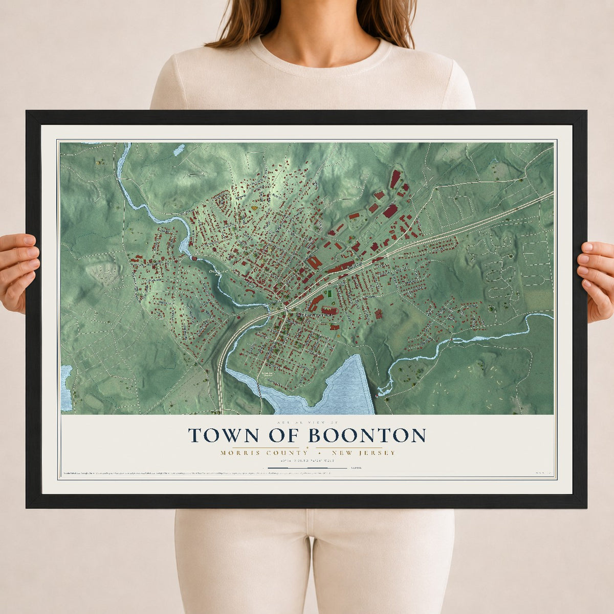 Town of Boonton, New Jersey map print, 18" x 24" W/ Black Ayous Wood Frame mockup
