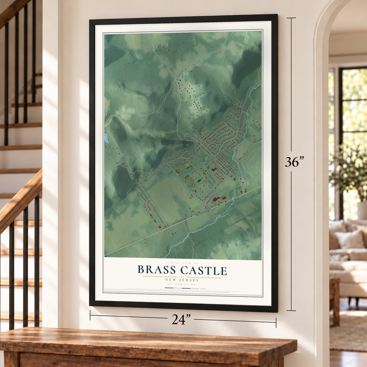 Brass Castle, New Jersey map, 24 x 36 inch print in a black frame by a staircase