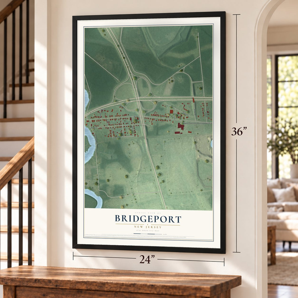 Bridgeport, New Jersey map, 24 x 36 inch print in a black frame by a staircase