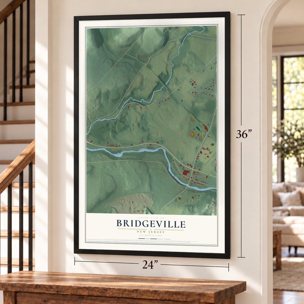 Bridgeville, New Jersey map, 24 x 36 inch print in a black frame by a staircase