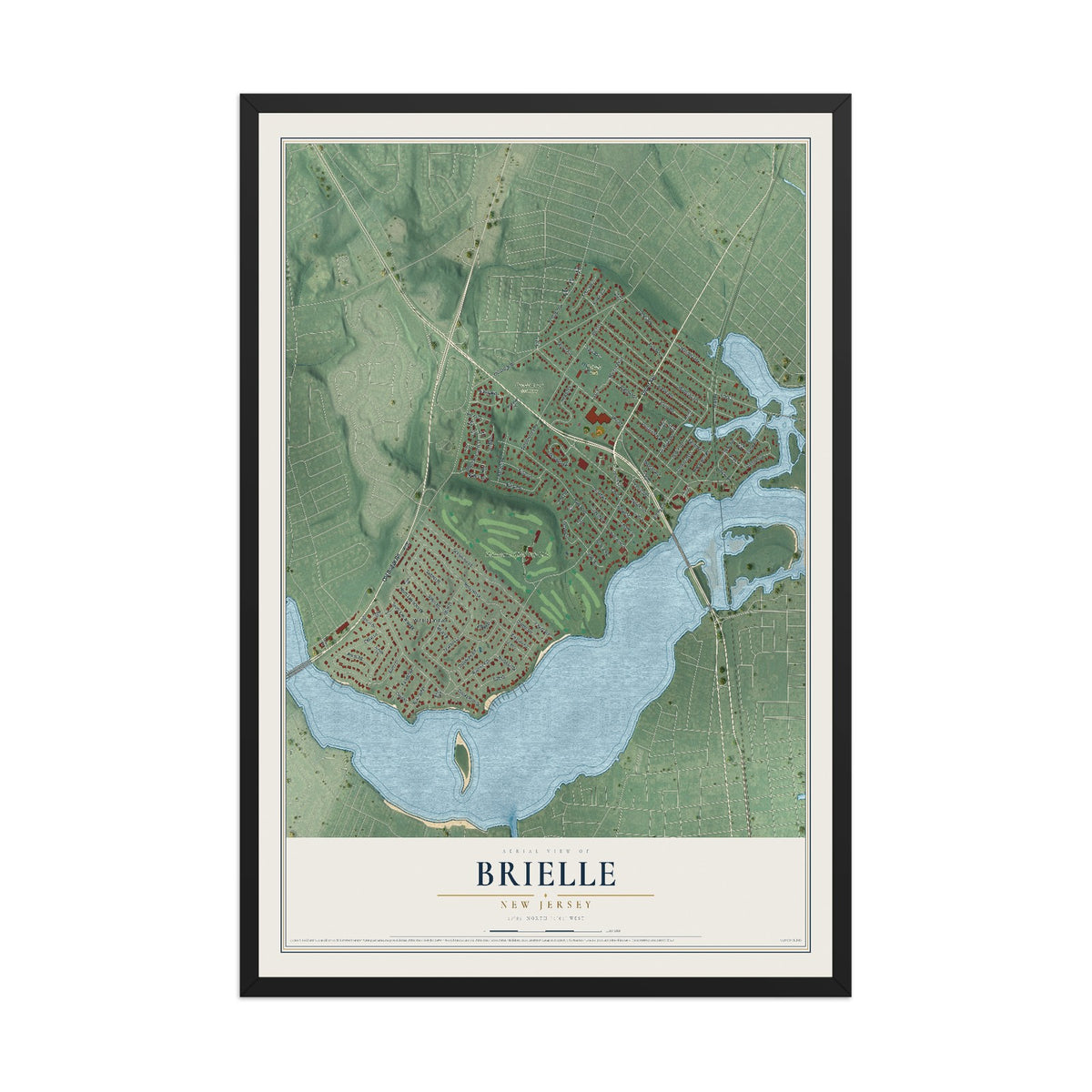 Brielle, New Jersey map print, 12" x 18" W/ Black Ayous Wood Frame mockup