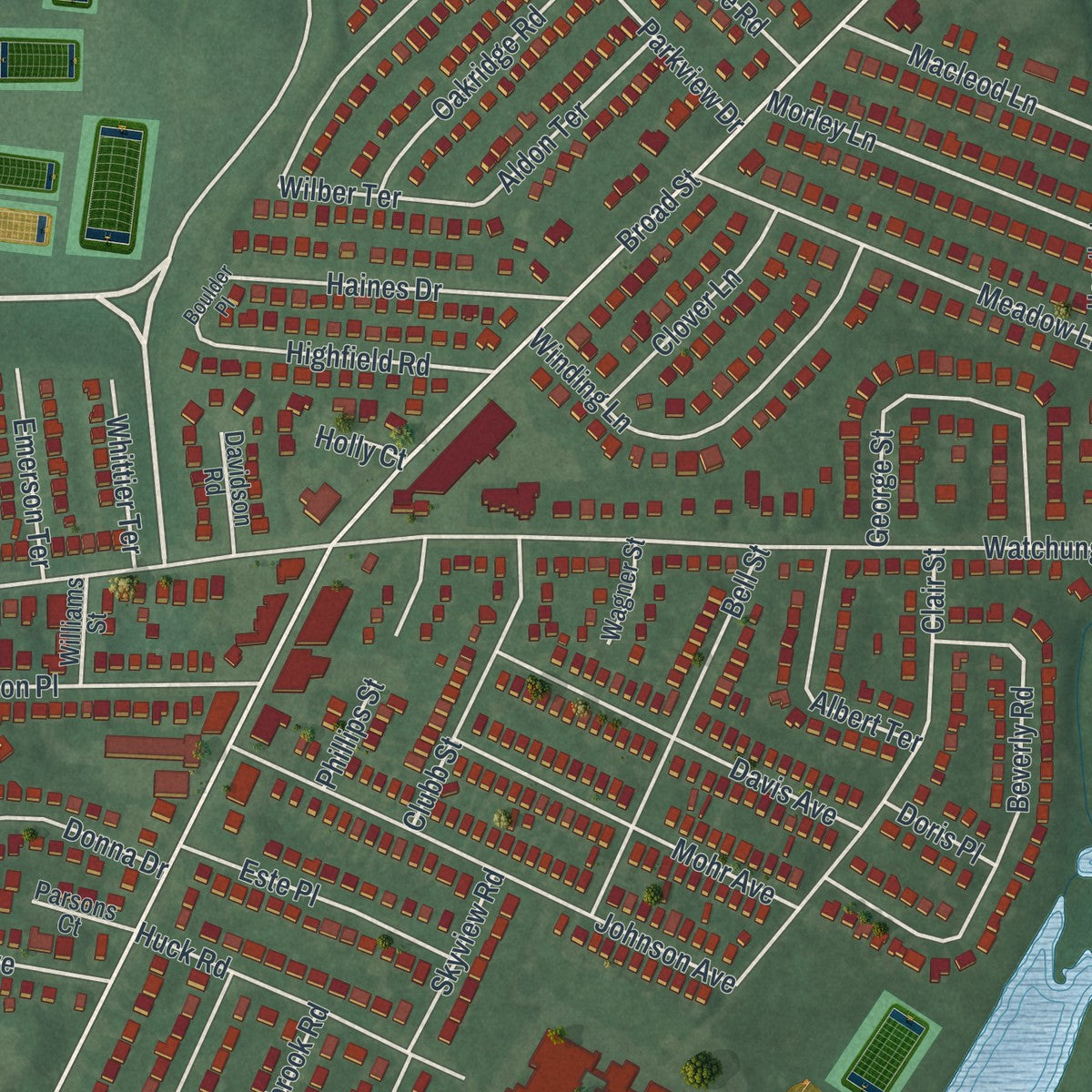 Close-up of the map of Brookdale, New Jersey print showing street and building detail