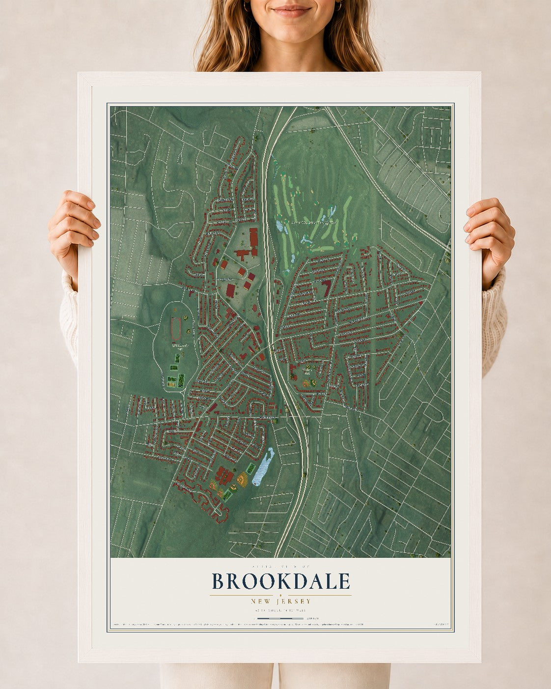 Map of Brookdale, New Jersey, 24 x 36 inch print in a white wood frame