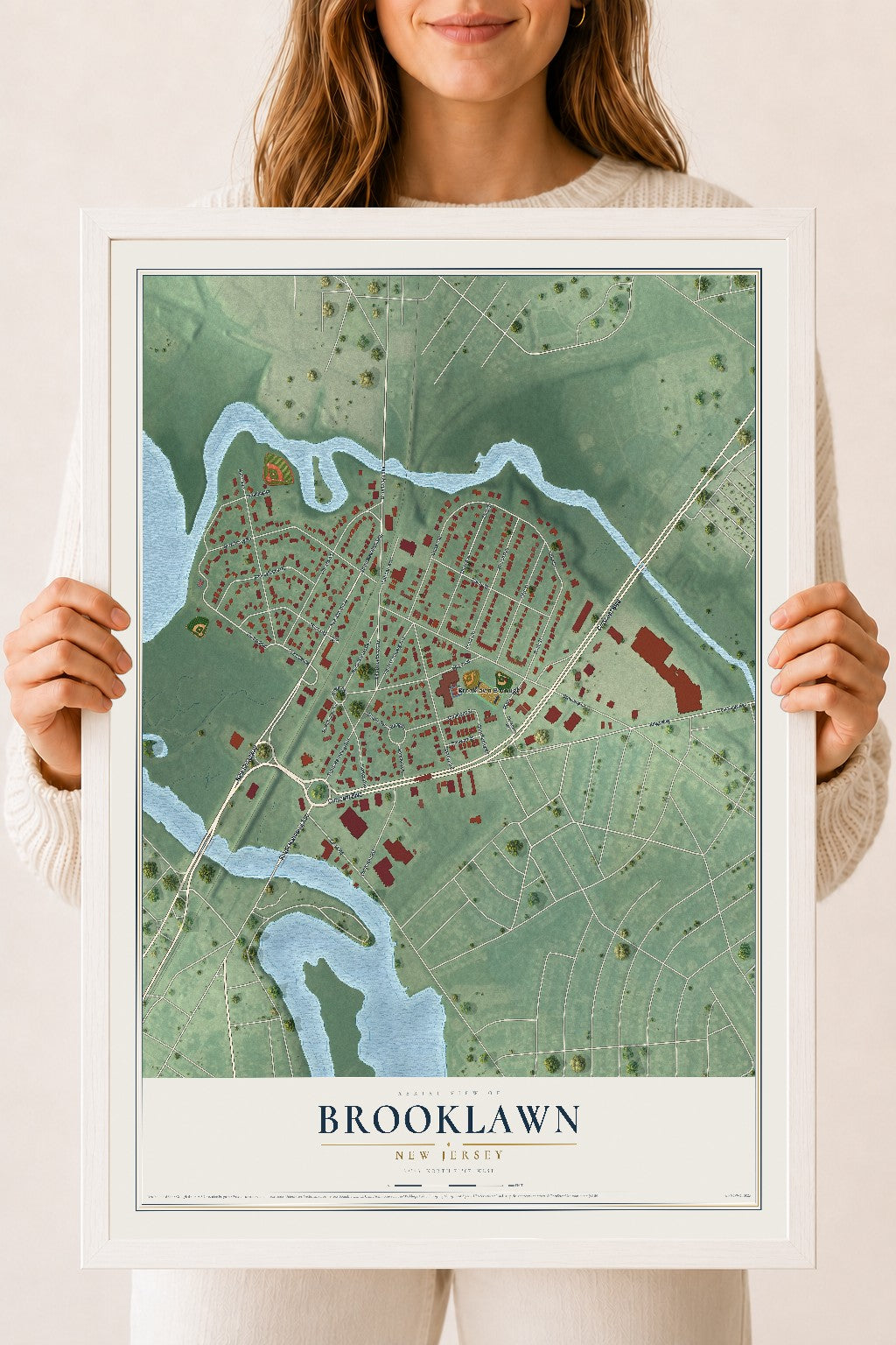 Brooklawn, New Jersey map print, 18" x 24" W/ White Ayous Wood Frame mockup