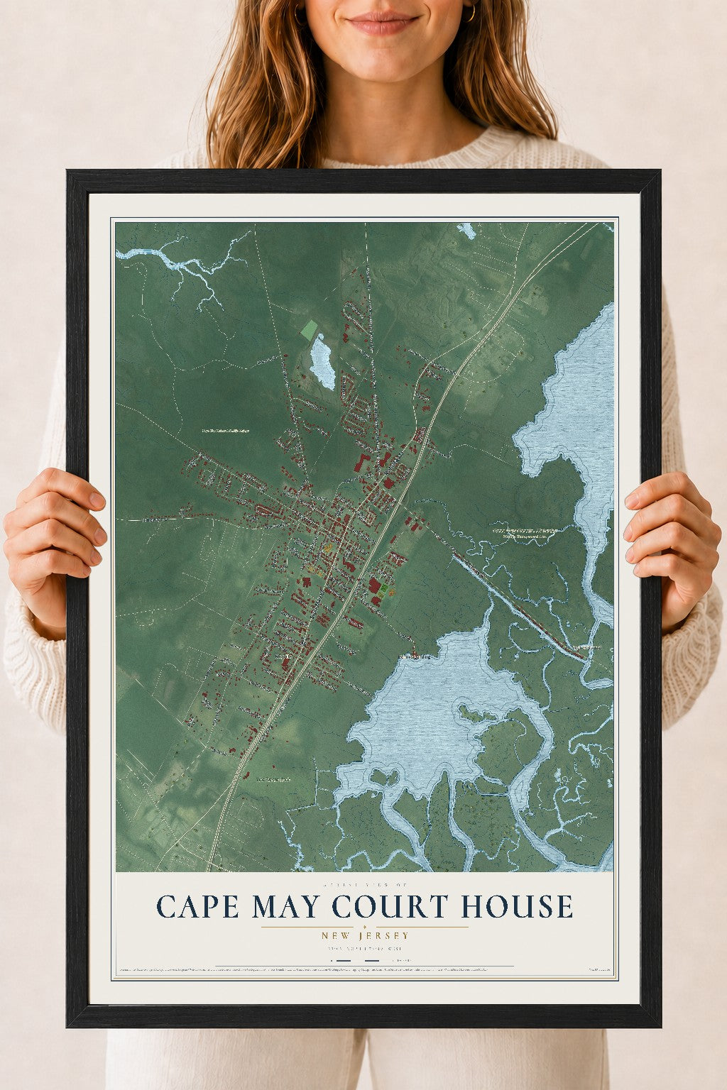 Cape May Court House, New Jersey map print, 18" x 24" W/ Black Ayous Wood Frame mockup