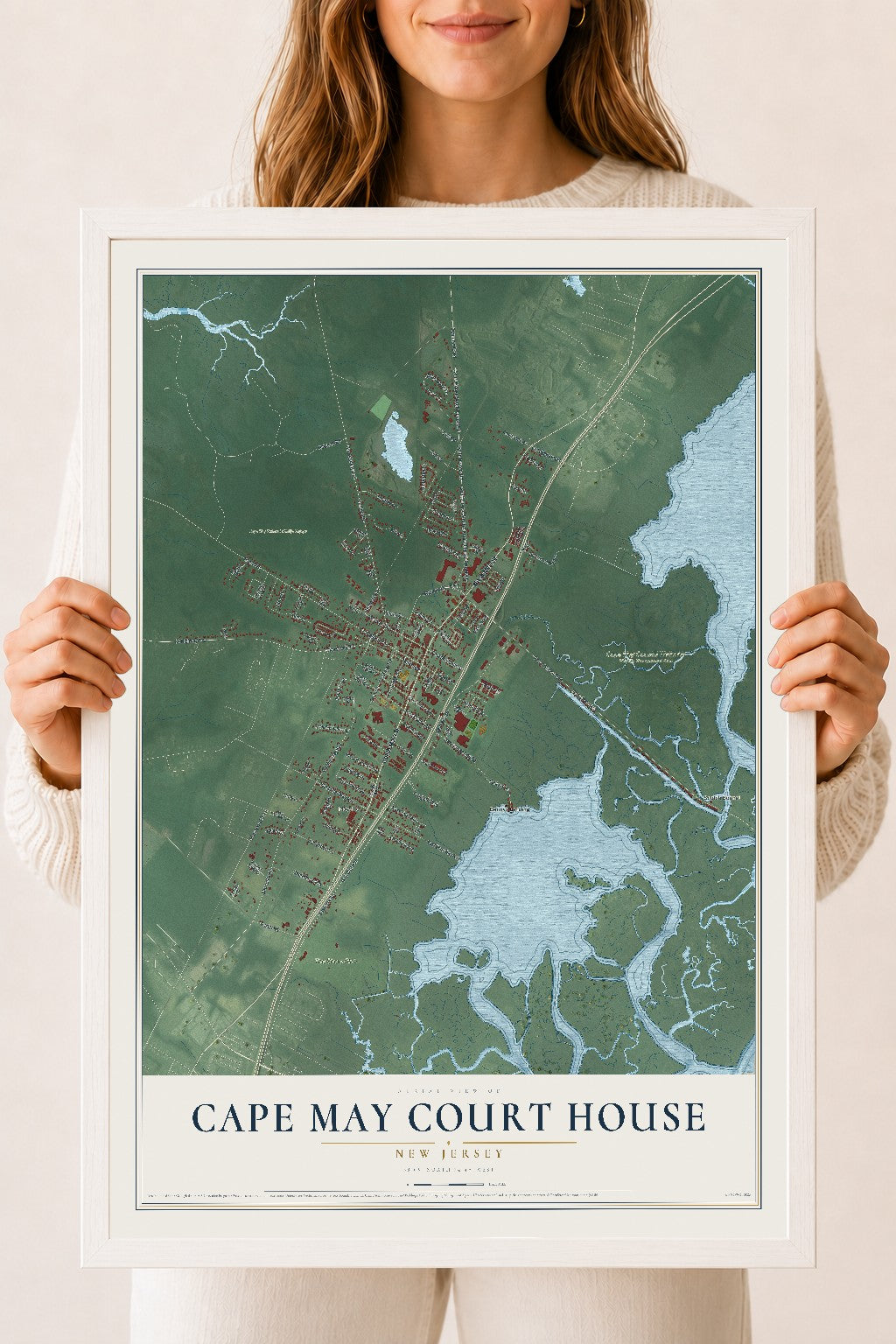 Cape May Court House, New Jersey map print, 18" x 24" W/ White Ayous Wood Frame mockup