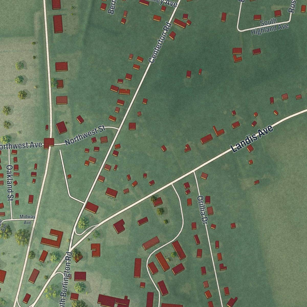 Close-up of the map of Carlls Corner, New Jersey print showing street and building detail
