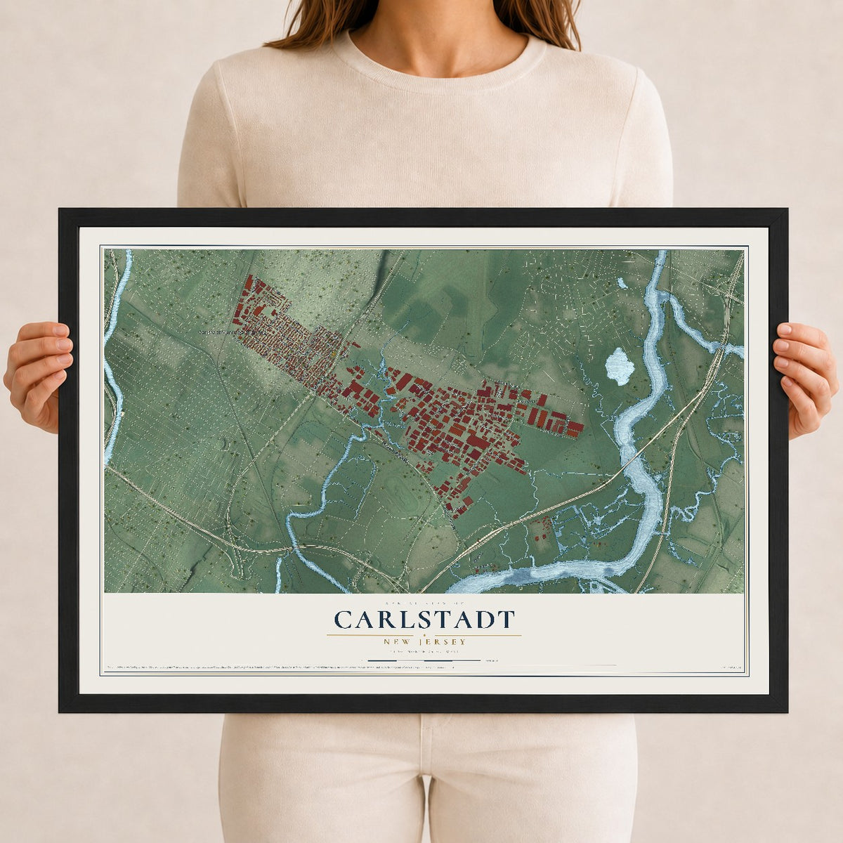 Carlstadt, New Jersey map print, 12" x 18" W/ Black Ayous Wood Frame mockup