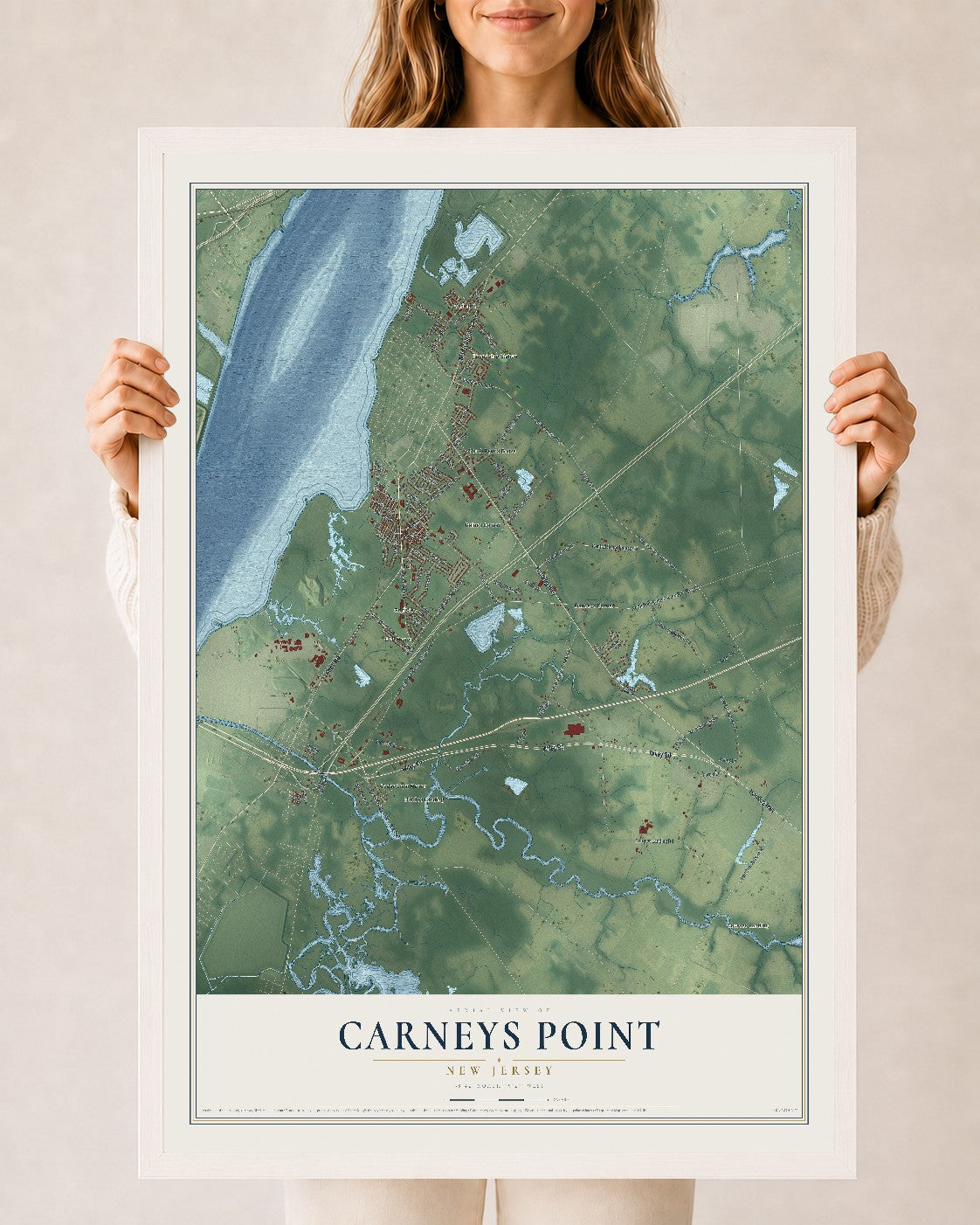 Carneys Point, New Jersey map print, 24" x 36" W/ White Ayous Wood Frame mockup